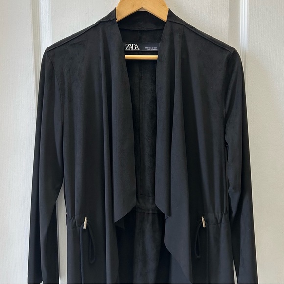 Zara Black Faux Suede Draped Waterfall Blazer Moto Jacket Open Front Size XS - Picture 4 of 14